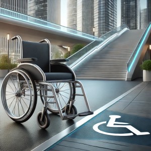 fauteuil roulant au pied d'immeubles derniers cris prouvant les évolutions depuis la création du premier fauteuil roulant autopropulsé